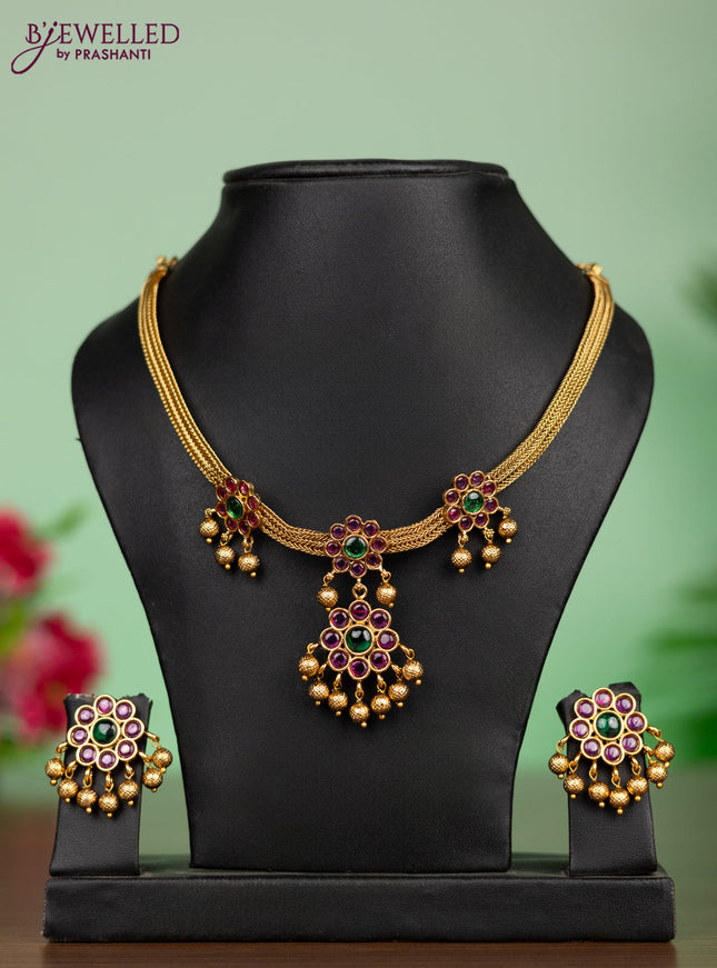 Antique attigai necklace in floral design with kemp stones and golden ball hanging
