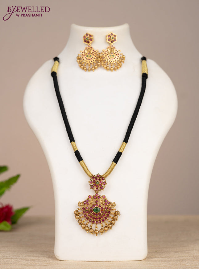 Black thread necklace double peacock design with kemp stones