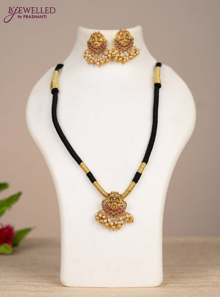 Black thread necklace lakshmi design with kemp stones and pearl & golden beads hangings