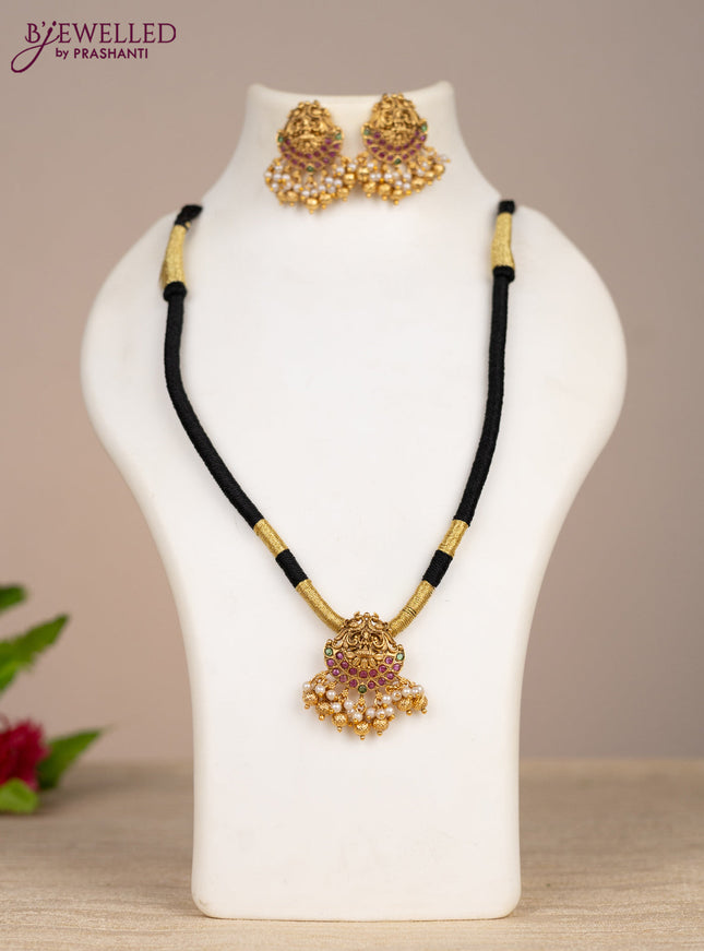 Black thread necklace lakshmi design with kemp stones and pearl & golden beads hangings