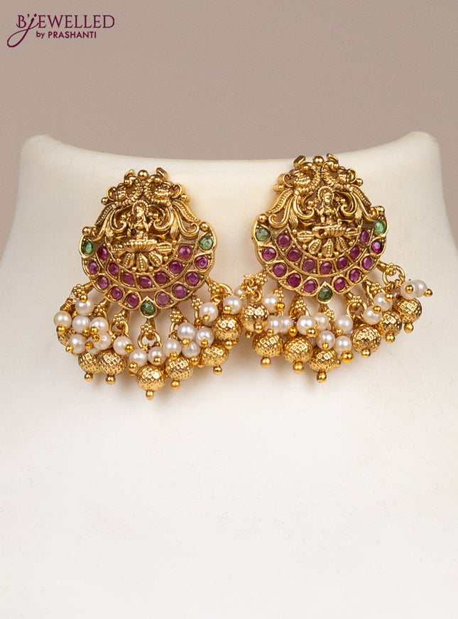 Black thread necklace lakshmi design with kemp stones and pearl & golden beads hangings