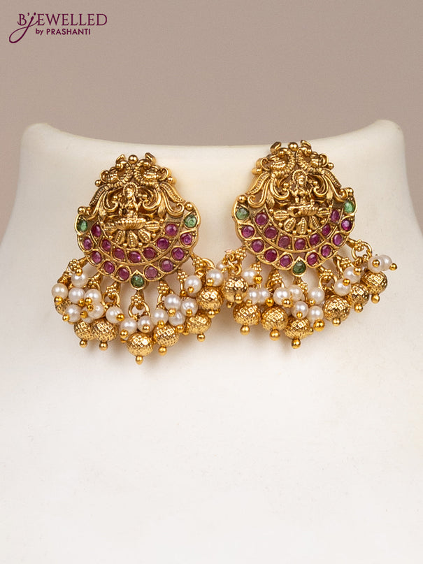 Black thread necklace lakshmi design with kemp stones and pearl & golden beads hangings