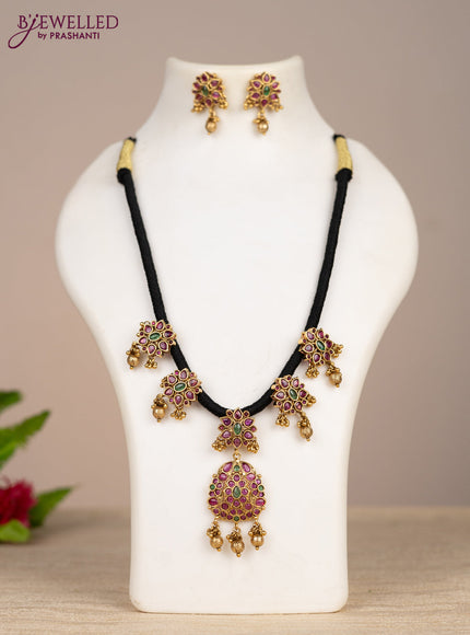 Black thread necklace double peacock design with kemp stones and golden beads hangings