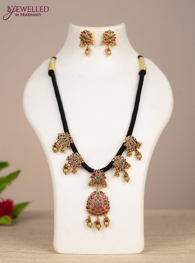 Black thread necklace double peacock design with kemp stones and golden beads hangings