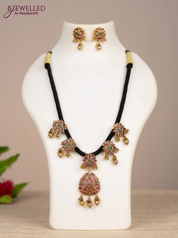 Black thread necklace double peacock design with kemp stones and golden beads hangings