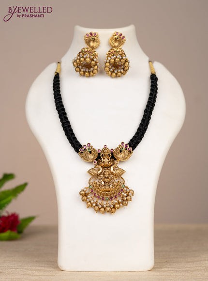 Black thread necklace lakshmi pendant with kemp stones and pearl & golden beads hangings