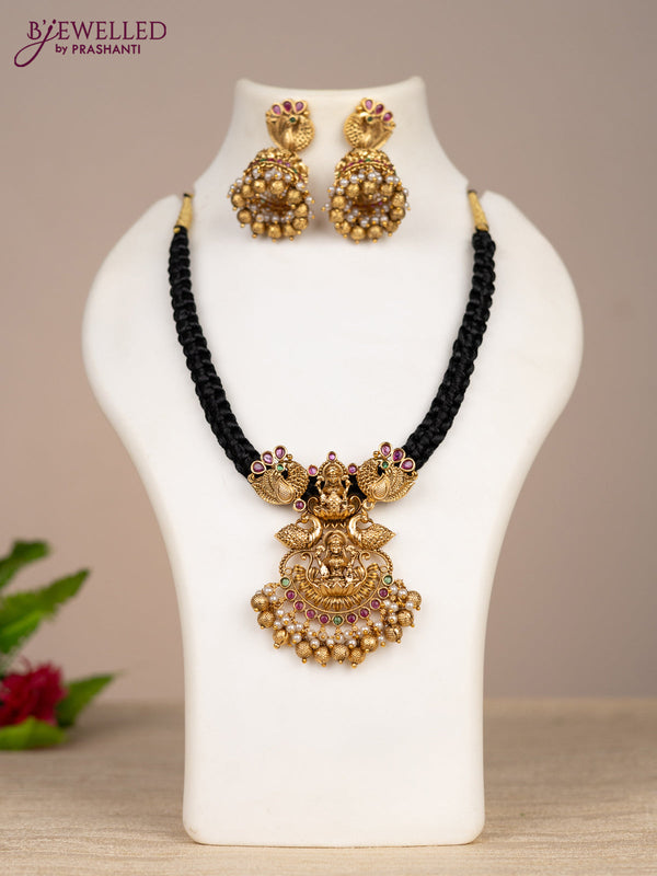 Black thread necklace lakshmi pendant with kemp stones and pearl & golden beads hangings
