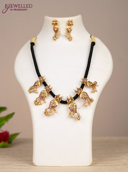 Black thread necklace manga & lakshmi design with kemp stones and pearl & golden beads hangings