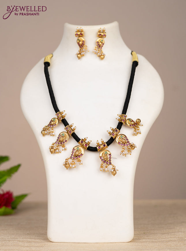 Black thread necklace manga & lakshmi design with kemp stones and pearl & golden beads hangings