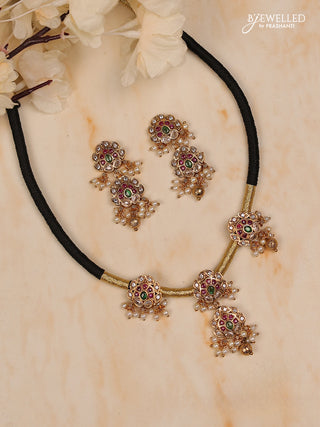Black thread floral design with kemp stones and golden & pearl beads hanging
