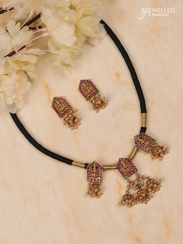 Black thread lakshmi design with kemp stones and golden beads hanging