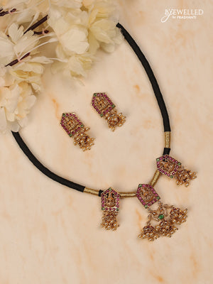 Black thread lakshmi design with kemp stones and golden beads hanging