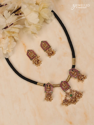 Black thread lakshmi design with kemp stones and golden beads hanging