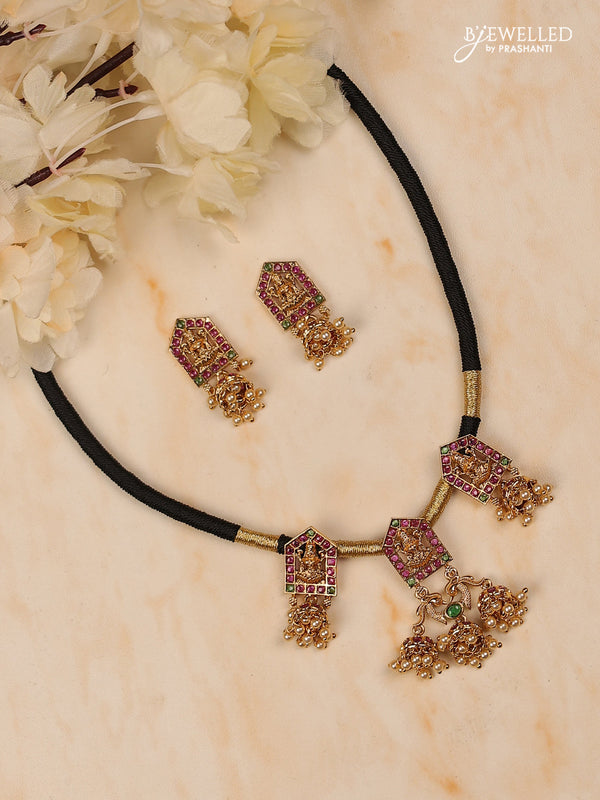 Black thread lakshmi design with kemp stones and golden beads hanging