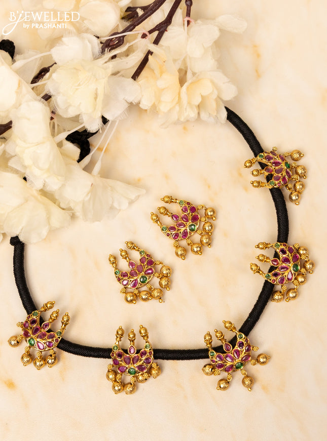Black thread necklace chandbali design with kemp stones and golden beads hangings