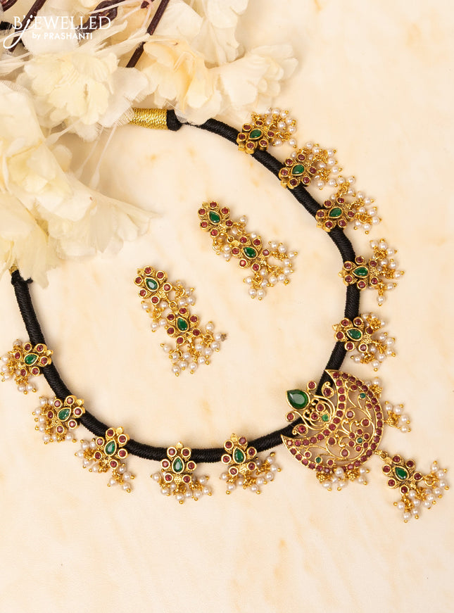 Black thread necklace chandbali design with kemp stones and pearl hangings