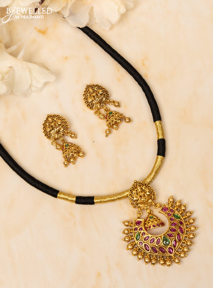 Black thread necklace lakshmi design with kemp stones and golden beads