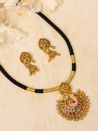 Black thread necklace lakshmi design with kemp stones and golden beads