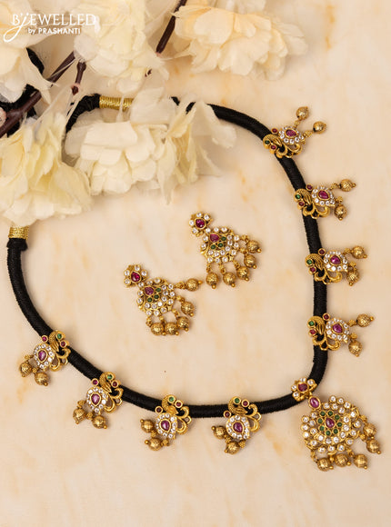 Black thread necklace peacock design with kemp stones and golden beads hangings