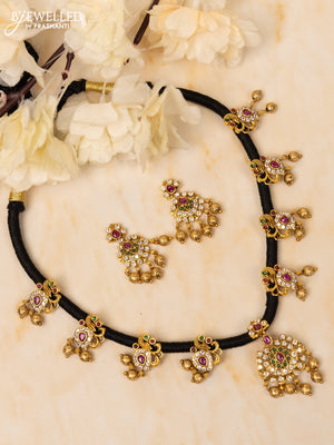 Black thread necklace peacock design with kemp stones and golden beads hangings