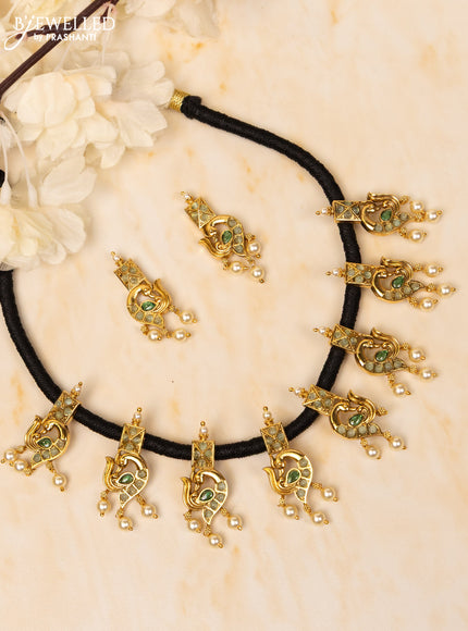 Black thread necklace peacock design with emerald and mint green stones and pearl hangings