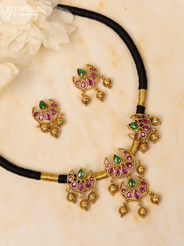 Black thread necklace chandbali design with kemp stones and golden beads hangings