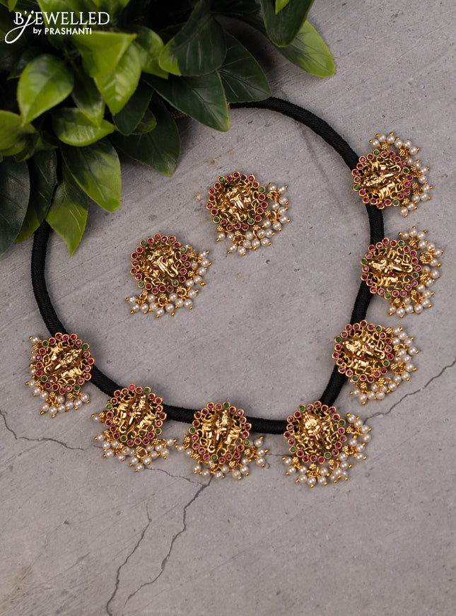 Black thread necklace ganesha design with kemp stones and pearl hangings