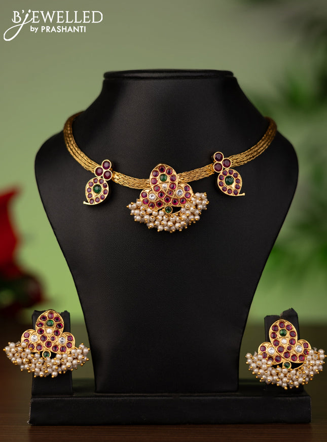Antique attigai necklace with kemp & kundan stones and pearls