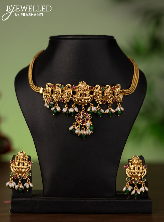 Antique attigai necklace lakshmi design with kemp stones,green and pearls hangings