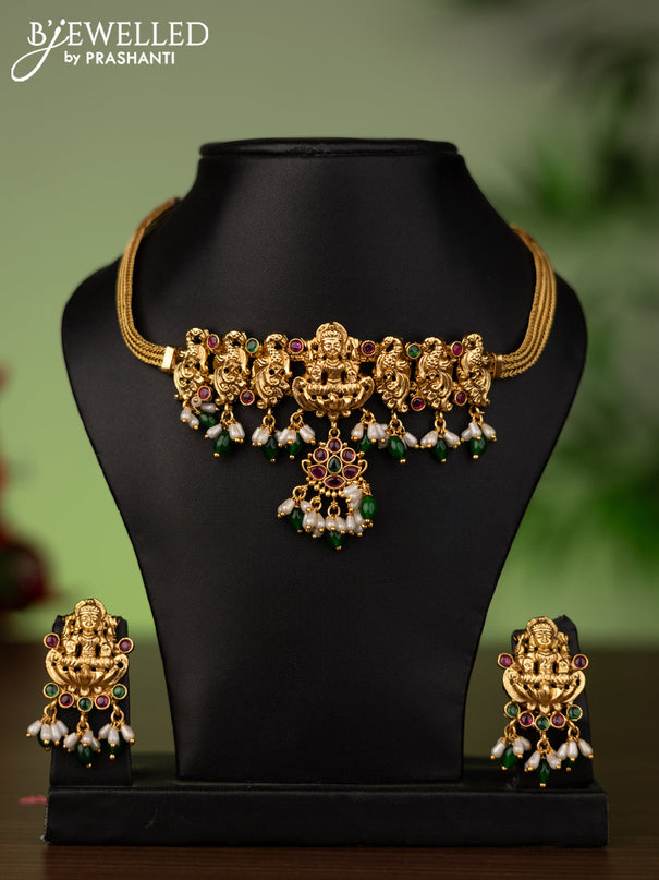 Antique attigai necklace lakshmi design with kemp stones,green and pearls hangings