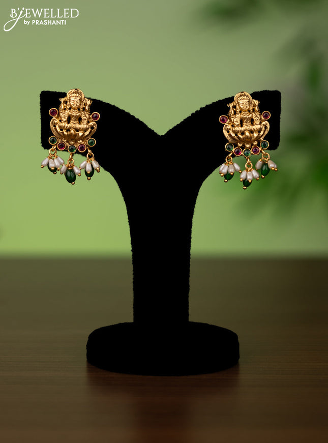 Antique attigai necklace lakshmi design with kemp stones,green and pearls hangings