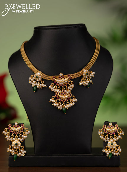 Antique attigai necklace with kemp & kumdan stones and pearl hangings