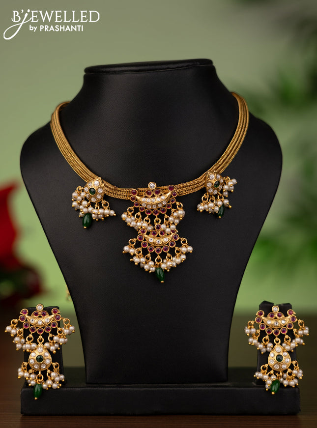 Antique attigai necklace with kemp & kumdan stones and pearl hangings