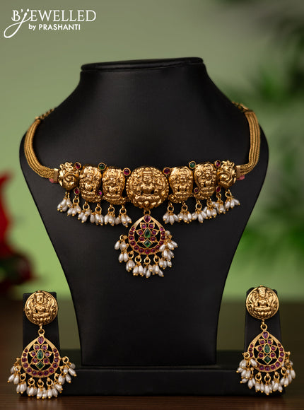 Antique attigai necklace lakshmi design with kemp stones and pearl hangings