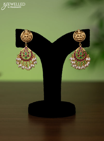 Antique attigai necklace lakshmi design with kemp stones and pearl hangings