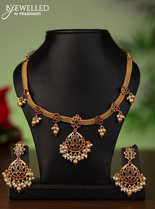 Antique attigai necklace with kemp stones and pearl & golden beads hanging