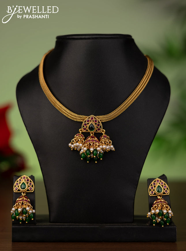 Antique attigai necklace with kemp stones, green and pearl hangings