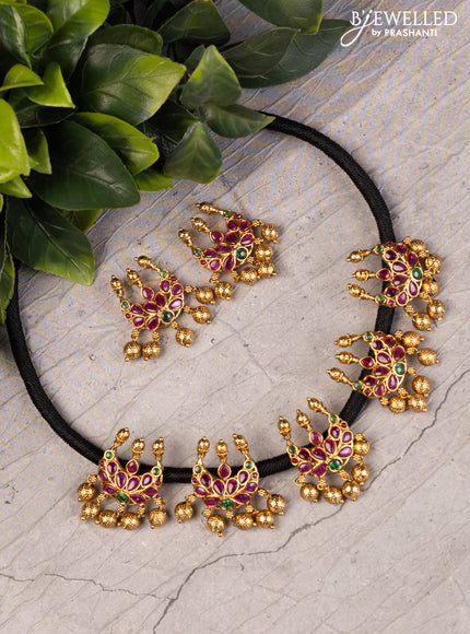 Black thread necklace chandbali design with kemp stones and golden beads hanging