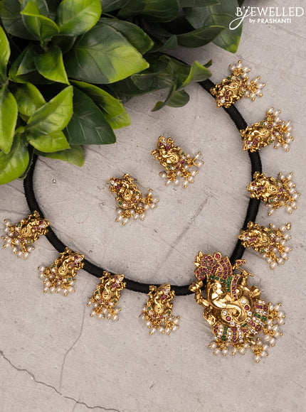 Black thread necklace ganesha pendant with kemp & cz stones and pearl hangings