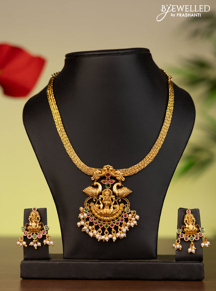 Antique attigai necklace lakshmi pendant with kemp stones and pearl hangings