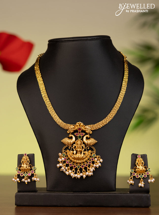 Antique attigai necklace lakshmi pendant with kemp stones and pearl hangings