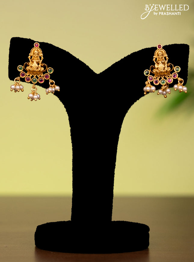 Antique attigai necklace lakshmi pendant with kemp stones and pearl hangings