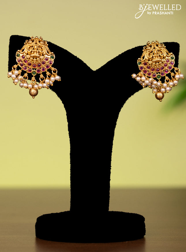 Antique attigai necklace lakshmi pendant with kemp stones and pearl & golden beads hangings