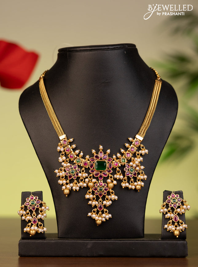 Antique attigai necklace with kemp stones and pearl & golden beads hangings