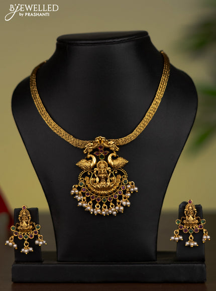 Antique attigai necklace lakshmi pendant with kemp stones and pearl hangings