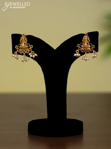 Antique attigai necklace lakshmi pendant with kemp stones and pearl hangings