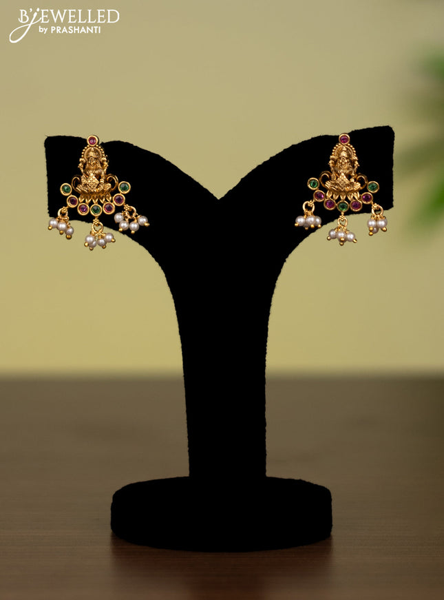 Antique attigai necklace lakshmi pendant with kemp stones and pearl hangings