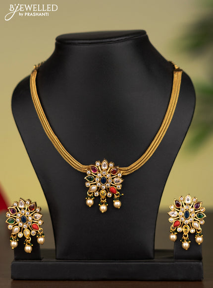Antique attigai necklace with navaratna & cz  stones and pearl hangings