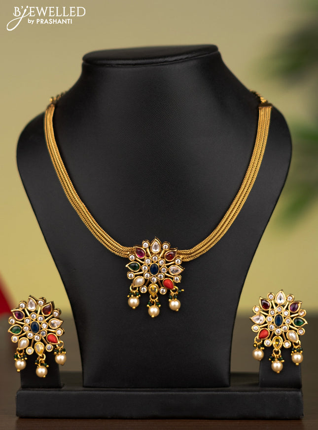 Antique attigai necklace with navaratna & cz  stones and pearl hangings