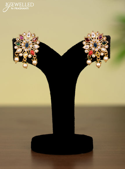 Antique attigai necklace with navaratna & cz  stones and pearl hangings